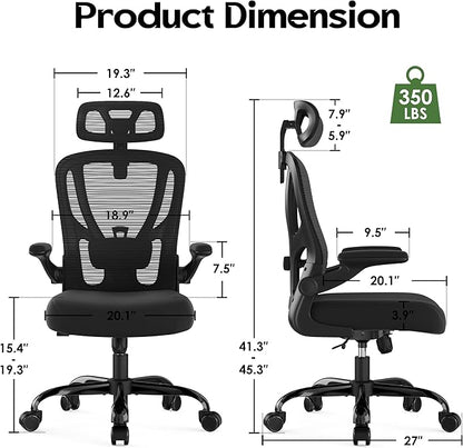 Office Chair Ergonomic Desk Chair - Mesh High Back Office Chair with Headrests Wheels Lumbar Support Home Desk Office Chairs Flip up Armrest Executive Rolling Computer Chair Black 2 Pack