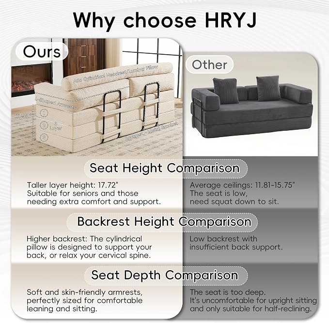 5-in-1 Convertible Sofa Bed Queen, 60" Boneless Loveseat Couch Tri Folding Mattress with L-Shaped Armrests, Corduroy Futon Couch Sleeper with Pull Out Bed for Living Room Bedroom Apartment, Beige