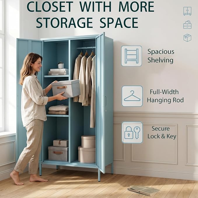 Lockable Closet Metal Wardrobe 67" Blue 2 Door Wardrobe Bedroom Storage Cabinet Adjustable shelf Multi functional metal Storage Cabinet with hanging rail for domestic use 18.1" D x 31.5" W x 67" H