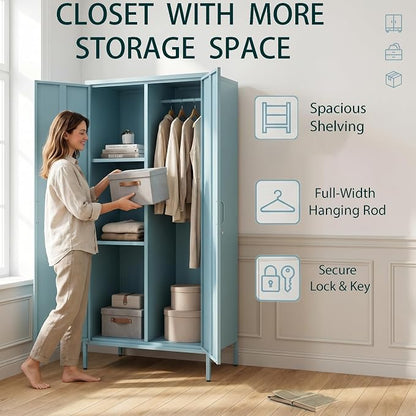 Lockable Closet Metal Wardrobe 67" Blue 2 Door Wardrobe Bedroom Storage Cabinet Adjustable shelf Multi functional metal Storage Cabinet with hanging rail for domestic use 18.1" D x 31.5" W x 67" H