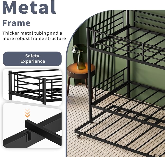 Twin Over Twin Bunk Bed Frame with Trundle,Metal Bunk Bed Bedframe with Guard Rail and Ladders for Adults,Can be Divided into 3 Beds, No Box Spring Needed,Space Saving Design