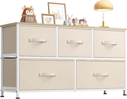 WLIVE Dresser for Bedroom with 5 Drawers, Wide Chest of Drawers, Fabric Dresser, Storage Organizer Unit with Fabric Bins for Closet, Living Room, Hallway, Cream White