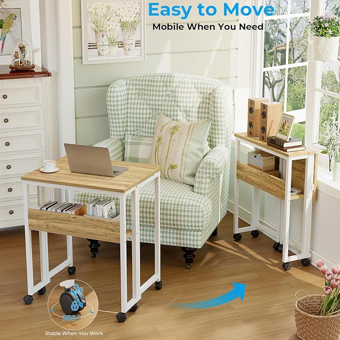 GreenForest Folding Desk with Wheels, 31.5 Inch Compact Rolling Computer Table with Storage Shelf, Portable Mobile Workstation for Small Spaces, Easy Assembly, Oak