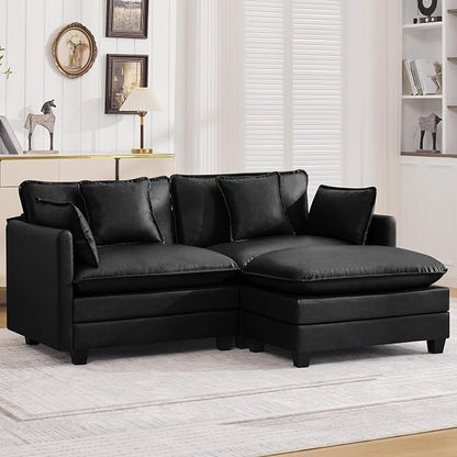 76'' Cloud Deep Seat Loveseat Sofa, Upholstered Leather Modular 2-Seats Sectional Sofa Couch with Movable Ottoman, Modern Comfy Settee Loveseat for Living Room Set, Small Apartment,Leather Black