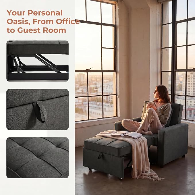 3-in-1 Convertible Sleeper Chair, Pull Out Single Sofa Bed with 3 Adjustable Backrest Angle & Pillow, Foldable Compact Reclining Sofa Bed for Small LivingRoom, Apartment, Home Office, Gray
