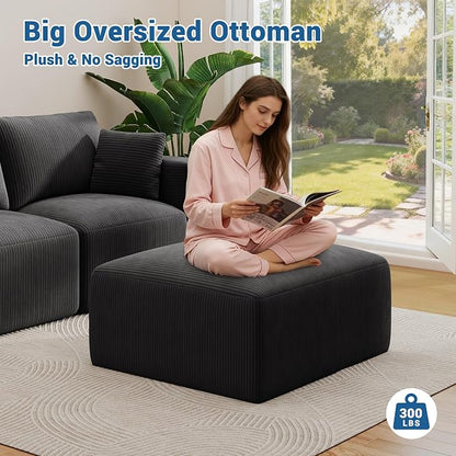 40" Oversized Square Corduroy Ottoman Pouf - Poofy Soft Foot Rest with Foam Chunk Filling, Movable Large Ottoman Pouf Footstool for Living Room Sofa Couch Bedroom, Black(1 Piece)