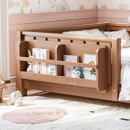 Bellemave Twin Size Montessori Floor Bed with Slats and Fence, Twin Size Montessori Bed with Rails and Bookcase, Easy Assemble Floor Beds Frame, Natural