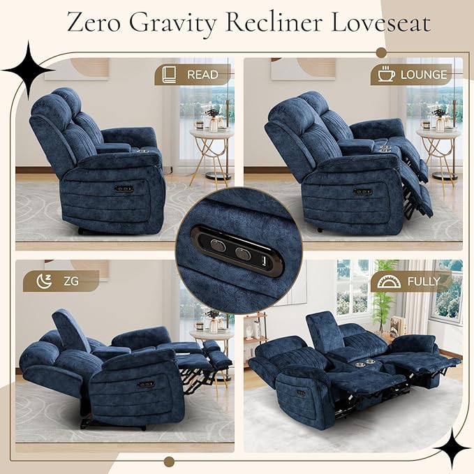 Power Reclining Loveseat with Zero Gravity, Adjustable Headrest, Power Reclining Loveseat with Console, USB/Type-C Ports, Electric 2-Seat Recliner Couch for Living Room(Blue, Loveseat)