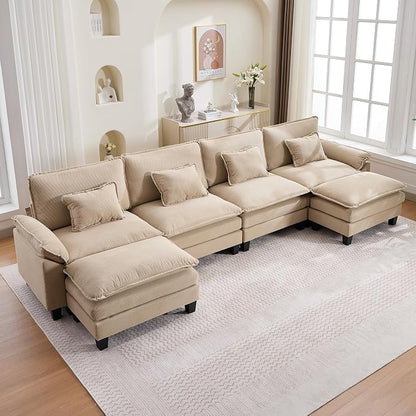157" Corduroy Modular Sectional Sofa, Convertible U Shaped Modular Sofa Comfy Cloud Couch with Ottoman, Side Pockets and 4 Throw Pillows for Living Room, Kahki, 6 Seats