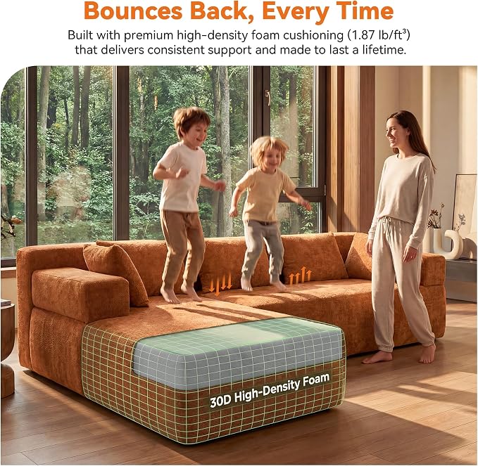MONVANE 106" Cloud Sectional Couch with L-Shaped Chaise, Modular Sectional Sofa with Deep Seat and Removable Armrests, Comfy Chenille Boneless Couches for Living Room, No Assembly Required, Orange