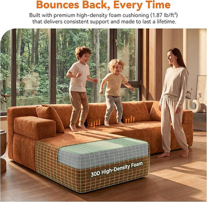 MONVANE 106" Cloud Sectional Couch with L-Shaped Chaise, Modular Sectional Sofa with Deep Seat and Removable Armrests, Comfy Chenille Boneless Couches for Living Room, No Assembly Required, Orange