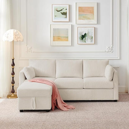 Corduroy Storage Ottoman for Living Room Sofas Couches, Square Ottoman with Storage Space Foot Rest Stool for Apartment, Dorm, Entryway, Cream White