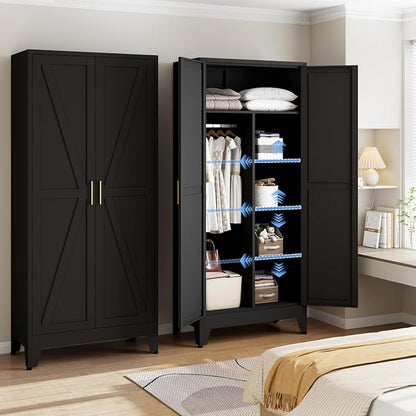 Metal Wardrobe Closet with Doors, 71" H Armoire Wardrobe Closet with 3 Adjustable Shelves and Hanging Rod, Steel Clothing Storage Cabinet for Bedroom, Home, Employee, Gym, Office, Black