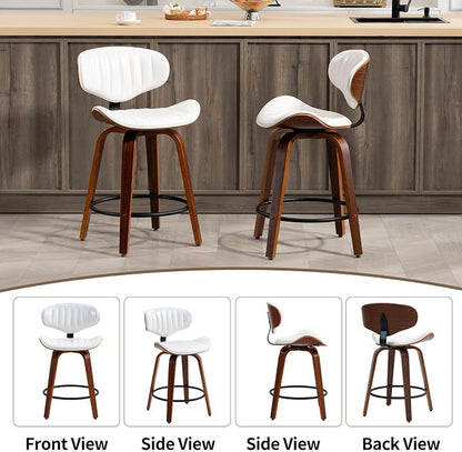 Counter Height Bar Stools, 24 inch PU Leather Wooden Bentwood Barstools Swivel Modern Breakfast Bar Chairs with Backrest and Footrest for Kitchen Island, Dining Room, Bar D035-White-1