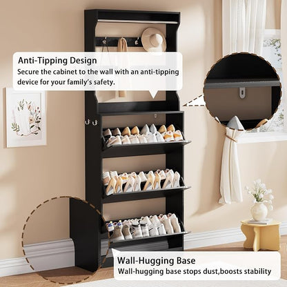 Shoe Storage Cabinet, Wood Shoe Organizer for Entryway with 3 Flip Drawers, Freestanding Shoe Rack with Adjustable Shelf, Narrow Shoe Dresser for Front Door Entrance (Black, Tall 3 Drawers)