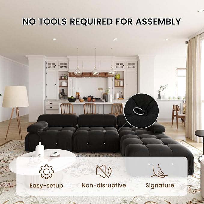 Modular Sectional L Shape Sofa Couch, Modern Velvet Black 4-Seater Sofa with Ottoman for Living Room Office Apartment (104in/Black)