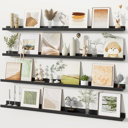 Fun Memories Picture Ledge Shelves Set of 4, 48 Inch Rustic Wall Mounted Floating Shelves with Lip for Home Storage and Décor in Bathroom, Kitchen, Nursery, Bedroom, Living Room, Black