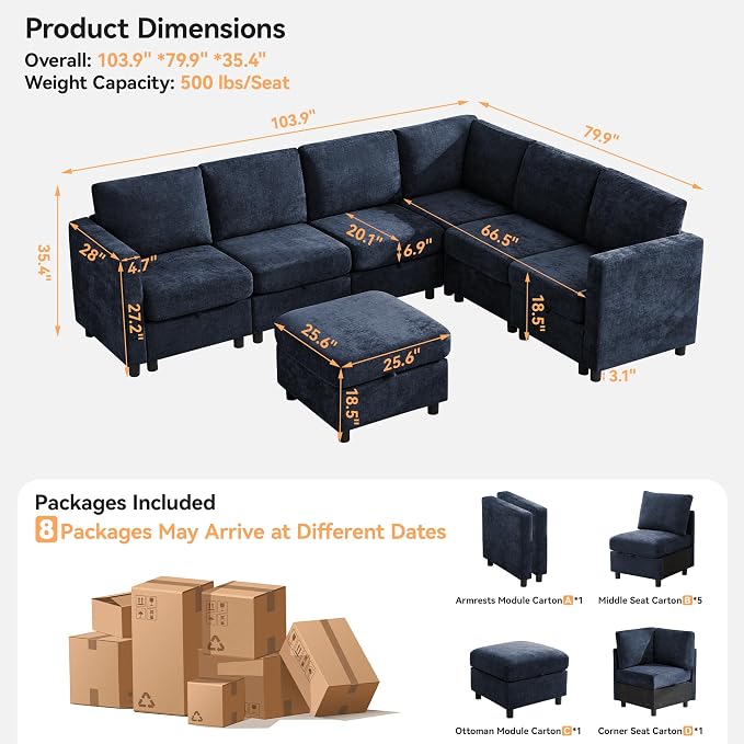 104'' V Shaped Modular Sofa, Sectional Couch with Storage for Living Room, Modern 7 Seater Cloud Sectional Couch with Movable Ottoman, Chenille Navy