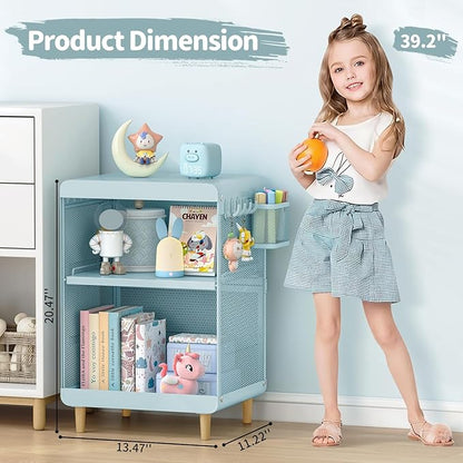 SYKIARIOL Kids Nightstand for Girls, Metal Bedside Table with 4 Hooks & Hanging Basket, 3-Tier Storage Shelf, Toddler Night Stand for Bedroom, Mint Green