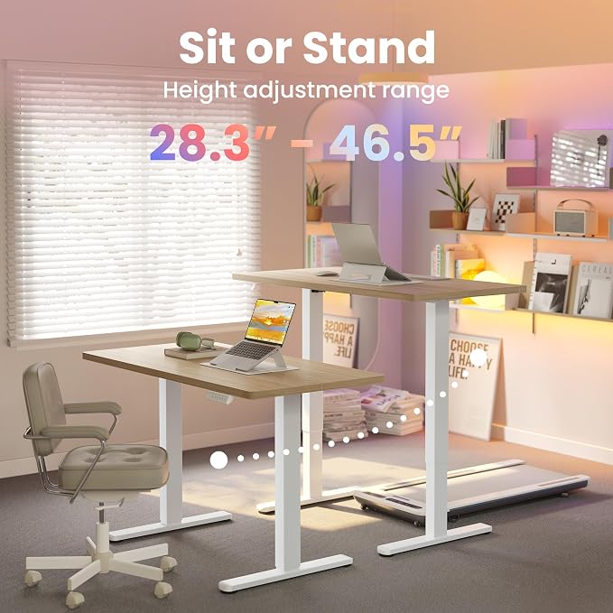HUANUO 48x24 Inch Electric Standing Desk, Height Adjustable, Natural | Smooth Home Office Desk, 176lbs Capacity with 4 Memory Presets & Headphone Hooks. Easy to assemble Computer Gaming desk