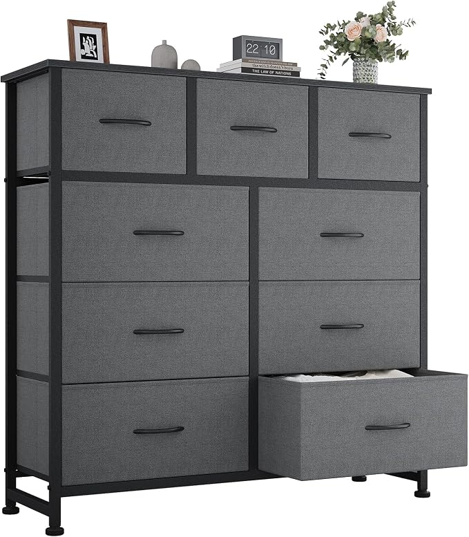 OLIXIS 9-Drawer Fabric Storage Dresser Chest Organizer Unit, Grey | Sturdy and lightweight fabric drawers with easy-pull handles,Space-saving versatile organizer for clothes, bedroom