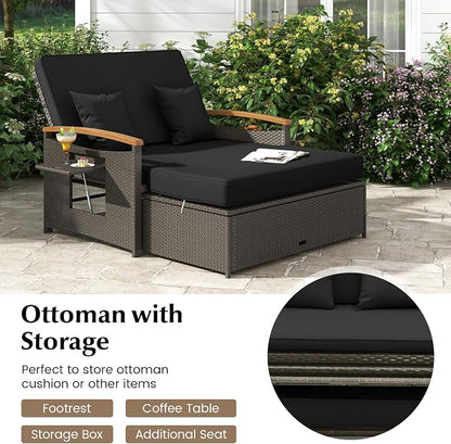LDAILY Moccha Outdoor Wicker Daybed, Patio Rattan Loveseat Sofa w/ 4-Level Adjustable Backrest, Folding Panels, Storage Ottoman & Cushions, Lounge Furniture Set for Poolside Backyard Porch (Black)