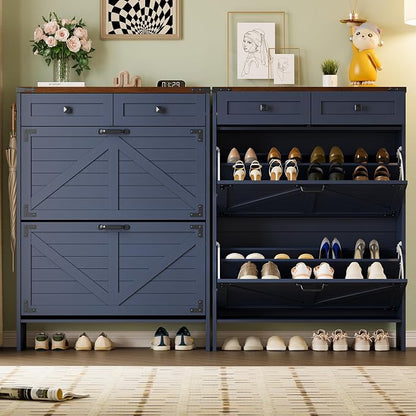 BORNOON Shoe Cabinet with Odor Control Deodorizer and Back Panel, Farmhouse Narrow Shoe Storage Cabinet Rack for Entryway with 2 Flip Drawers and 2 Top Drawers, Adjustable Shelves, Side Hooks