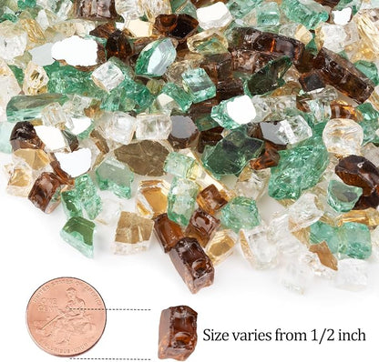 GASPRO 10 lbs Fire Glass for Propane Fire Pit, 1/2-Inch Reflective Fireplace Glass Rocks for Fire Pit Table, Gold Copper Green