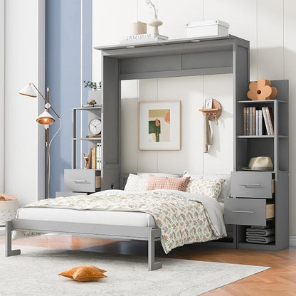 Queen Murphy Bed Cabinet, Space Saving Wall Bed with Storage and Lights | Flexible slats support an 8-inch mattress, while 2 four-layer shelves and 4 drawers help keep essentials organized