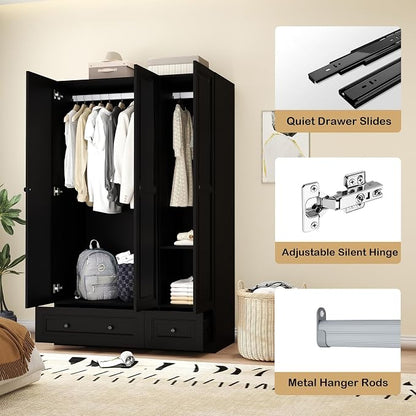 Armoire Wardrobe Closet with Drawers: 47" Black Wardrobe Closet with 3 Doors and 2 Drawers, Wood Clothes Armoire with Hanging Rod, Clothing Storage Cabinet for Bedroom