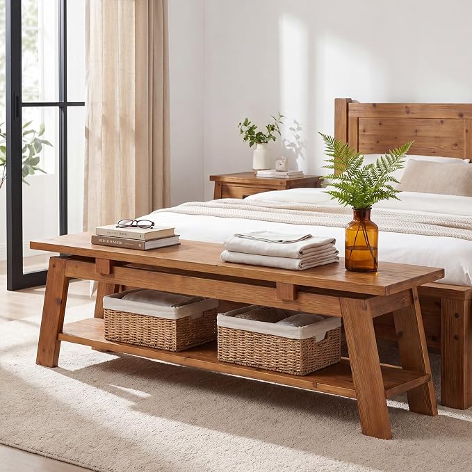 Solid Wood Bench, 55" Farmhouse Entryway Bench with Shoe Storage | End of Bed Bench Shoe Bench Seat for Entrance Hallway Bedroom Living Room, 350 lb Capacity, Scratch Resistant, Natural Brown