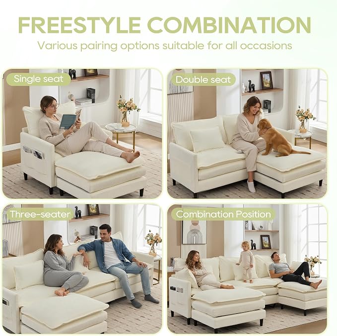 113" Chenille Modular Sectional Sofa, Convertible L Shaped Modular Sofa Comfy Cloud Couch with Ottoman, Side Pockets and 5 Throw Pillows for Living Room (Beige, 113'' - 4 Seat)