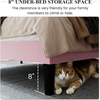 SHA CERLIN Full Size Velvet Bed Frame with Vertical Channel Tufted Wingback Headboard, Upholstered Platform Bed with Wood Slats, No Box Spring Needed, Easy Assembly, Pink