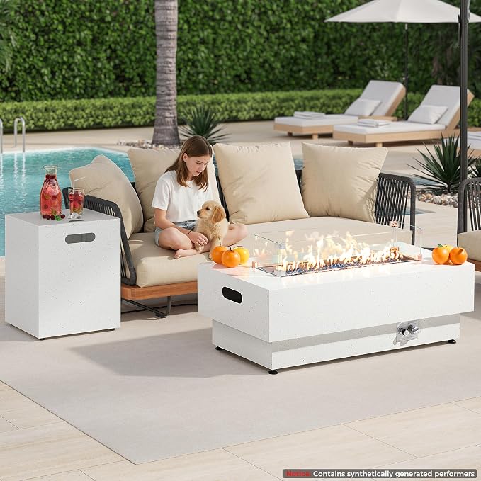 IRONCK 43-inch Outdoor Propane Fire Pit Table w Tank Table, CSA Certified, 2 in 1 Rectangular Patio Fire Pit w Glass Rocks, Wind Guard and Cover, 50000 BTU Outdoor Heater for Garden, Pool, White