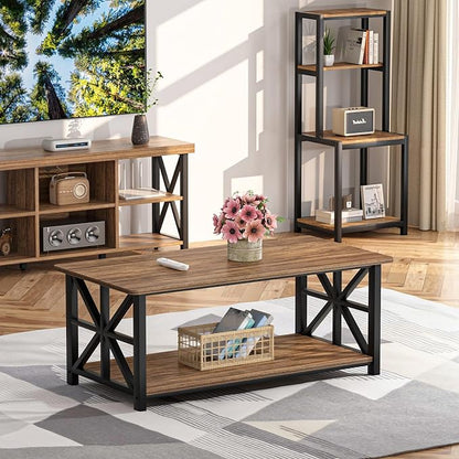 GreenForest Round Corners Coffee Table for Living Room | Rustic Style Center Table with Storage Shelf,39 Inch Space Saving,X-Frame Sofa Table,Easy Assembly,Walnut
