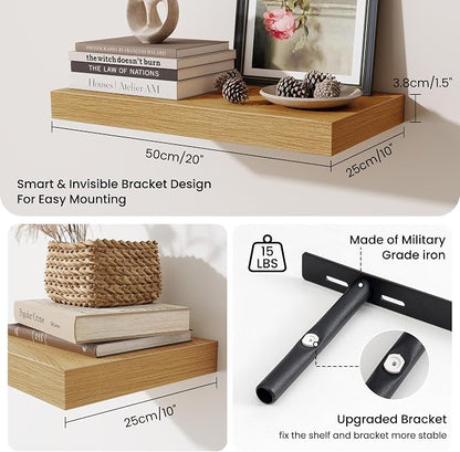 Fun Memories Wood Floating Shelves 20 Inch, 10 Inch Deep Shelves Wall Mount, Wall Shelves with Invisible Bracket, 20" Floating Shelves for Living Room Bathroom Bedroom, Oak, Set of 2