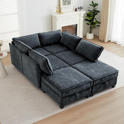 ORRD Sleeper Modular Sectional Sofa Set, Convertible Couch Bed with Storage, 6 Seater and 4 Armrestes Sofa Modular for Living Room, Office (Blue Grey)