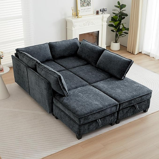 ORRD Sleeper Modular Sectional Sofa Set, Convertible Couch Bed with Storage, 6 Seater and 4 Armrestes Sofa Modular for Living Room, Office (Blue Grey)