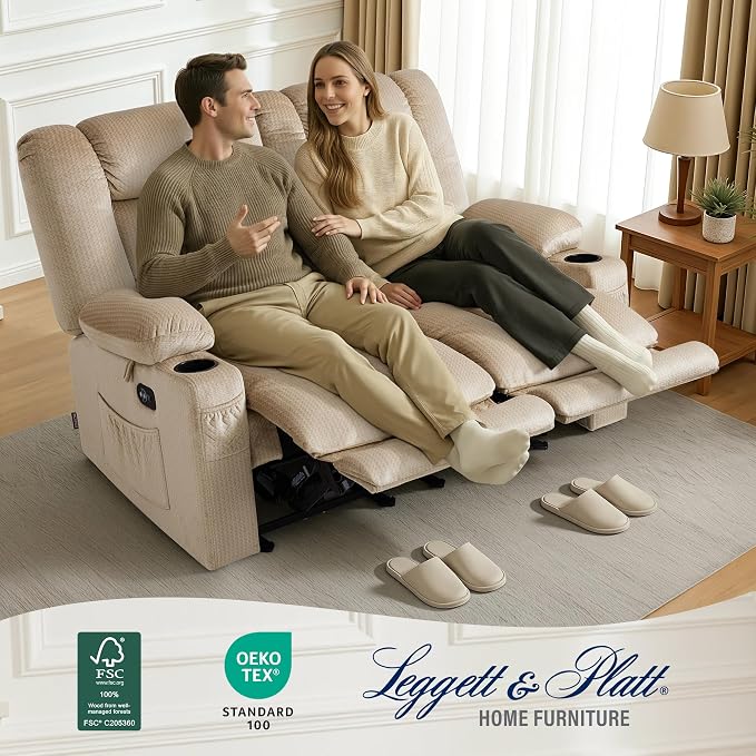 MCombo 55.9" Zero Gravity Power Loveseat Recliner with Heat and Vibration Massage, Reclining Loveseat Sofa with USB Ports, Cup Holders for Living Room, Fabric PR648SET (Beige)