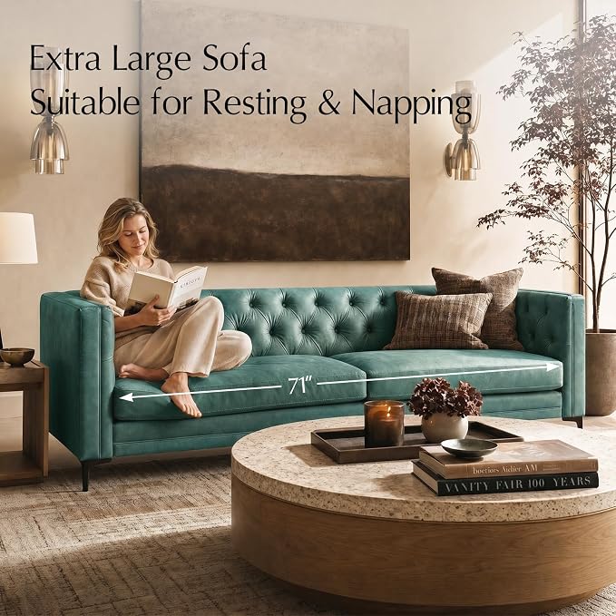 HULALA HOME 84" W Faux Leather Sofa Couch with Metal Legs, Button-Tufted 3-Seater Sofa, Mid Century Modern Contemporary Upholstered Couch for Living Room, Entertainment Area, Apartment,Green