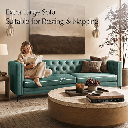 HULALA HOME 84" W Faux Leather Sofa Couch with Metal Legs, Button-Tufted 3-Seater Sofa, Mid Century Modern Contemporary Upholstered Couch for Living Room, Entertainment Area, Apartment,Green