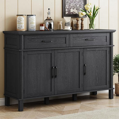 ONBRILL 55 Inch Buffet Cabinet with Storage, Farmhouse Sideboard Buffet w/2 Drawers and 3 Doors, Wood Coffee Bar Cabinet with Adjustable Shelves, Sideboard Storage for Kitchen, Living Room, Black