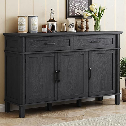 ONBRILL 55 Inch Buffet Cabinet with Storage, Farmhouse Sideboard Buffet w/2 Drawers and 3 Doors, Wood Coffee Bar Cabinet with Adjustable Shelves, Sideboard Storage for Kitchen, Living Room, Black