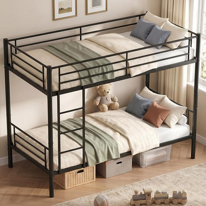 Bunk Bed Twin Over Twin, Metal Bunk Bed with Front Ladder and Safety Guardrail, Space-Saving Twin Bunk Beds for Kids, Teens & Adults, No Box Spring (Front Laddder, Black)
