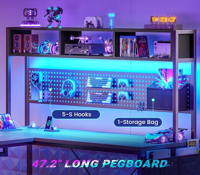 SEDETA L Shaped Desk, 94.5 Inch Home Office Desk with Power Outlet & Pegboard, L Shaped Gaming Desk with LED Light, Keyboard Tray, Storage Shelves and Headphone Hook for Home Office, Grey