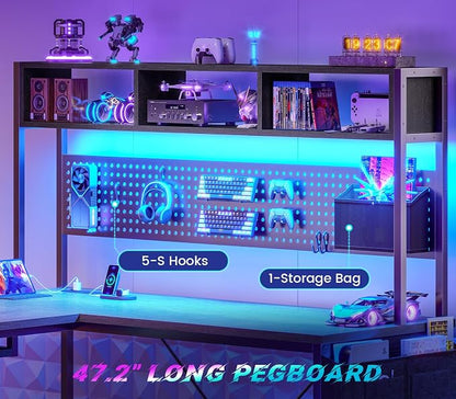 SEDETA L Shaped Desk, 94.5 Inch Home Office Desk with Power Outlet & Pegboard, L Shaped Gaming Desk with LED Light, Keyboard Tray, Storage Shelves and Headphone Hook for Home Office, Grey