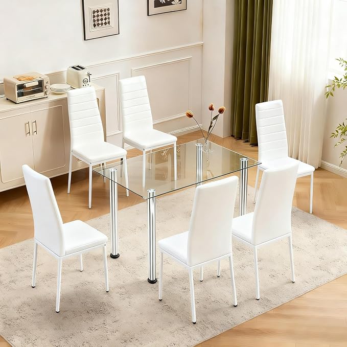 Karl home White Dining Chairs Set of 6, PU Leather & High Back | Kitchen chairs with padded seats & foot cap protection for dining kitchen living room,300lbs capacity,space-saving