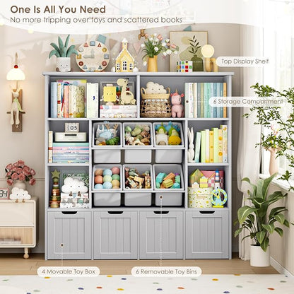 FINETONES Toy Storage Organizer with 6 Toy Bins, Toy Organizer Kids Bookshelf with 4 Movable Drawers and 6 Storage Cubbies, Toy Bins for Kids Organizer Playroom Storage for Living Room, Grey
