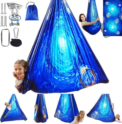 Sensory Swing for Kids Indoor & Outdoor Double Layer Therapy Cuddle Hammock Chair with 360 Swivel Hanger Kit Adjustable Swing for Child and Adult with Aspergers Autism ADHD (Ocean Blue)