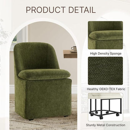 KISLOT Upholstered Dining Chairs Set of 2 with Hidden Casters, Modern Kitchen Chairs with Removable Washable Cover, Padded Dining Room Chairs with Chenille Velvet Fabric & Metal Frame, Green